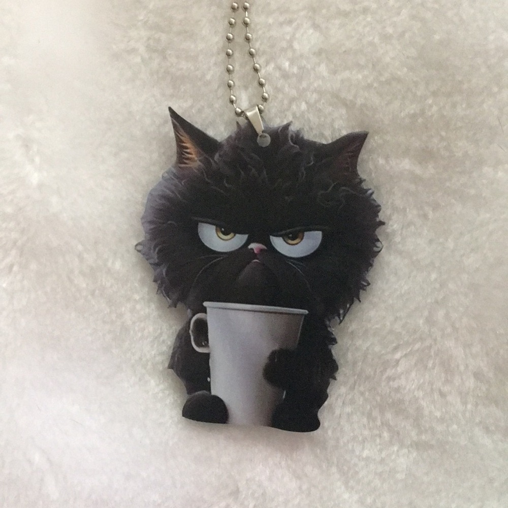 Black Cat with Coffee Keychain
